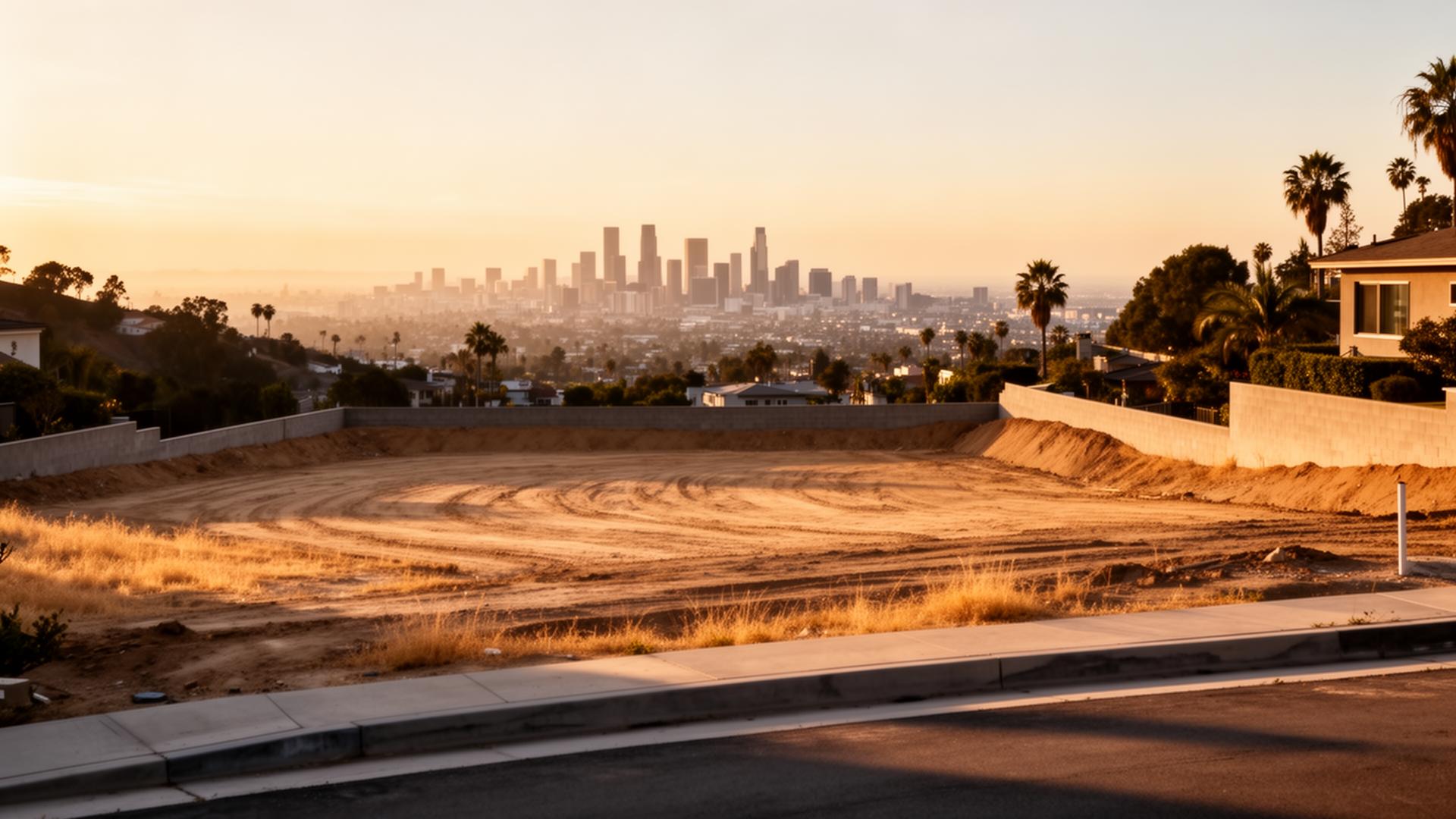 1017 1/2 N Rowan Ave — cleared hillside lot with Downtown LA in the distance