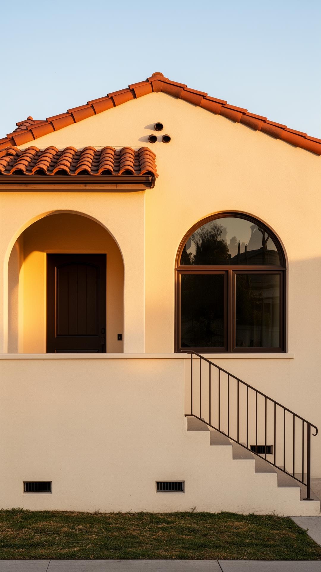 Approved front façade — warm ivory stucco, Spanish clay tile, arched porch and arched front window
